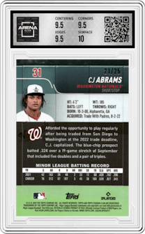 CJ Abrams from the 2022 Stadium Club Chrome set featuring a Orange Refractor parallel graded by Arena Club and given an overall grade of 10.