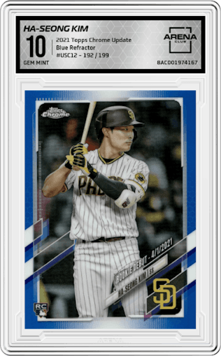 Ha-Seong Kim from the 2021 Topps Chrome Update   set featuring a Blue Refractor parallel graded by Arena Club and given an overall grade of 10.