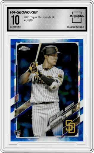 Ha-Seong Kim from the 2021 Topps Chrome Update  Sapphire set graded by Arena Club and given an overall grade of 10.
