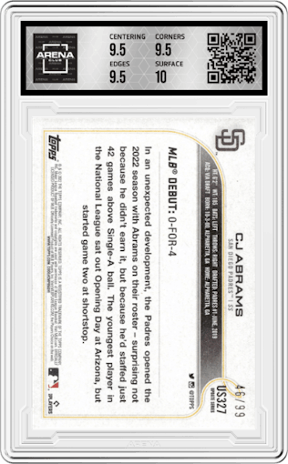 CJ Abrams from the 2022 Topps Update  set featuring a Vintage Stock parallel graded by Arena Club and given an overall grade of 10.