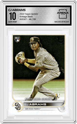 CJ Abrams from the 2022 Topps Update  set featuring a Vintage Stock parallel graded by Arena Club and given an overall grade of 10.