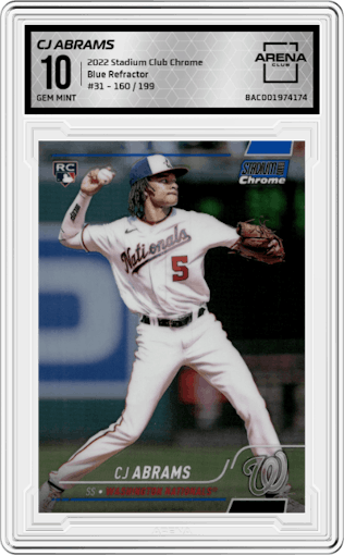 CJ Abrams from the 2022 Stadium Club Chrome set featuring a Blue Refractor parallel graded by Arena Club and given an overall grade of 10.