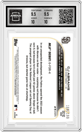 CJ Abrams from the 2022 Topps Chrome Update set featuring a Blue Refractor parallel graded by Arena Club and given an overall grade of 10.