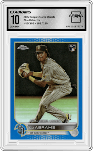 CJ Abrams from the 2022 Topps Chrome Update set featuring a Blue Refractor parallel graded by Arena Club and given an overall grade of 10.