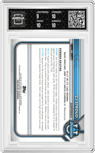 CJ Stroud from the 2021-22 Bowman University set featuring a Refractor parallel graded by Arena Club and given an overall grade of 9.5.