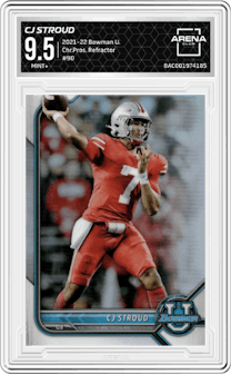 CJ Stroud from the 2021-22 Bowman University set featuring a Refractor parallel graded by Arena Club and given an overall grade of 9.5.