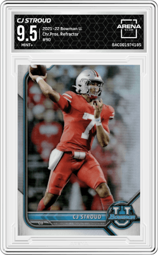 CJ Stroud from the 2021-22 Bowman University set featuring a Refractor parallel graded by Arena Club and given an overall grade of 9.5.