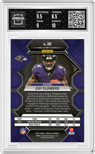 Zay Flowers  from the 2023 Panini Mosaic set graded by Arena Club and given an overall grade of 9.