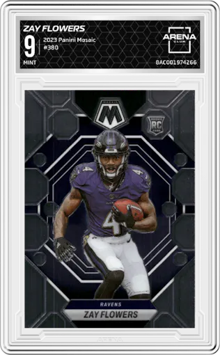 Zay Flowers  from the 2023 Panini Mosaic set graded by Arena Club and given an overall grade of 9.