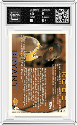 Kobe Bryant  from the 1996-97 Topps set graded by Arena Club and given an overall grade of 7.