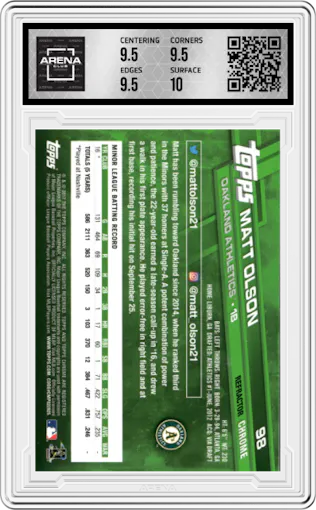 Matt Olson from the 2017 Topps Chrome set featuring a Pink Refractor parallel graded by Arena Club and given an overall grade of 10.