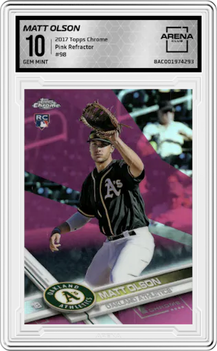 Matt Olson from the 2017 Topps Chrome set featuring a Pink Refractor parallel graded by Arena Club and given an overall grade of 10.