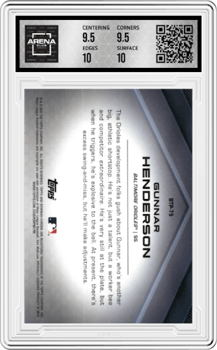 Gunnar Henderson from the 2022 Bowman set graded by Arena Club and given an overall grade of 10.