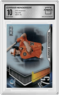 Gunnar Henderson from the 2022 Bowman set graded by Arena Club and given an overall grade of 10.