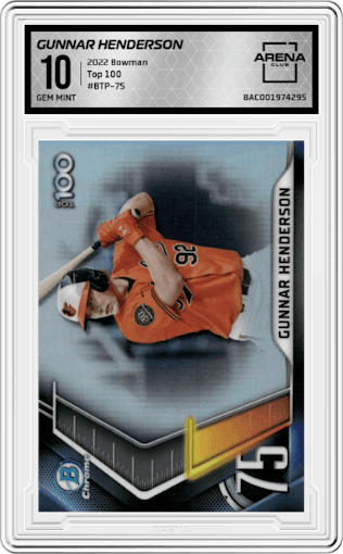 Gunnar Henderson from the 2022 Bowman set graded by Arena Club and given an overall grade of 10.