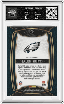 Jalen Hurts from the 2020 Panini Select set graded by Arena Club and given an overall grade of 9.