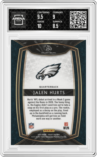 Jalen Hurts from the 2020 Panini Select set graded by Arena Club and given an overall grade of 9.