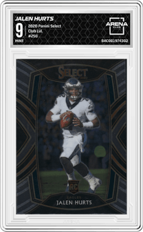 Jalen Hurts from the 2020 Panini Select set graded by Arena Club and given an overall grade of 9.