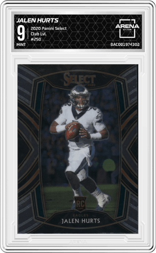 Jalen Hurts from the 2020 Panini Select set graded by Arena Club and given an overall grade of 9.