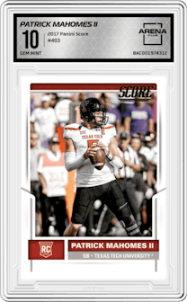 Patrick Mahomes II from the 2017 Panini Score set graded by Arena Club and given an overall grade of 10.