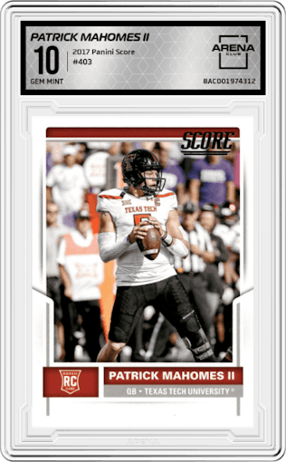 Patrick Mahomes II from the 2017 Panini Score set graded by Arena Club and given an overall grade of 10.