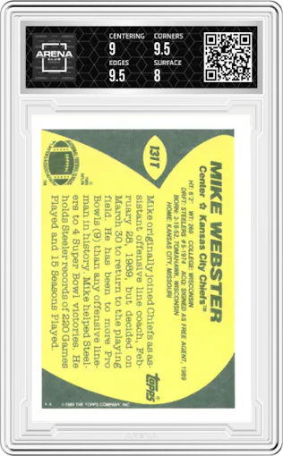 Mike Webster  from the 1989 Topps Traded set graded by Arena Club and given an overall grade of 8.5.