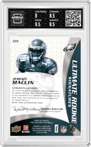 Jeremy Maclin from the 2009 Upper Deck Ultimate Collection set featuring a Blue parallel graded by Arena Club and given an overall grade of 8.5.