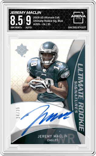 Jeremy Maclin from the 2009 Upper Deck Ultimate Collection set featuring a Blue parallel graded by Arena Club and given an overall grade of 8.5.