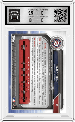 Juan Soto from the 2019 Bowman  set graded by Arena Club and given an overall grade of 10.