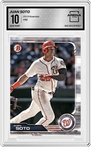 Juan Soto from the 2019 Bowman  set graded by Arena Club and given an overall grade of 10.