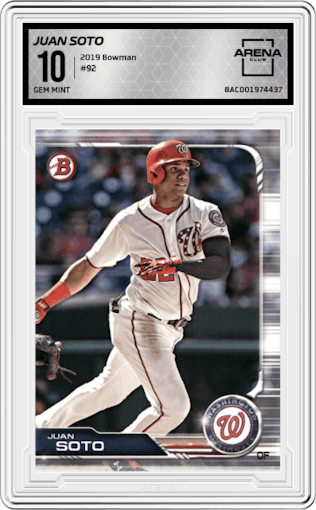 Juan Soto from the 2019 Bowman  set graded by Arena Club and given an overall grade of 10.