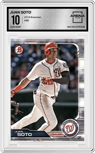 Juan Soto from the 2019 Bowman  set graded by Arena Club and given an overall grade of 10.