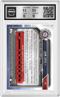 Juan Soto from the 2019 Bowman  set graded by Arena Club and given an overall grade of 10.