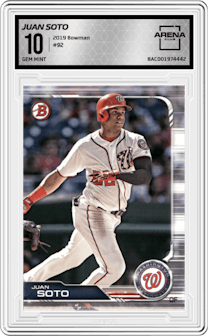 Juan Soto from the 2019 Bowman  set graded by Arena Club and given an overall grade of 10.