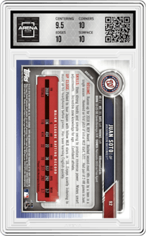 Juan Soto from the 2019 Bowman  set graded by Arena Club and given an overall grade of 10.