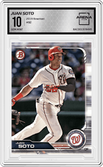 Juan Soto from the 2019 Bowman  set graded by Arena Club and given an overall grade of 10.