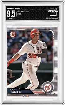 Juan Soto from the 2019 Bowman  set graded by Arena Club and given an overall grade of 9.5.