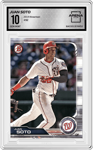 Juan Soto from the 2019 Bowman  set graded by Arena Club and given an overall grade of 10.