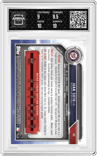 Juan Soto from the 2019 Bowman  set graded by Arena Club and given an overall grade of 9.5.