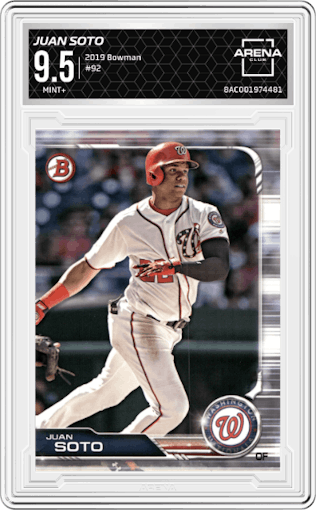 Juan Soto from the 2019 Bowman  set graded by Arena Club and given an overall grade of 9.5.