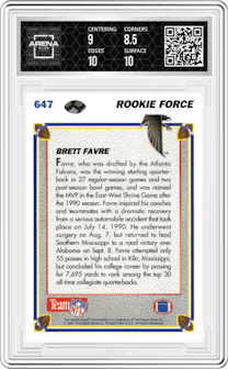Brett Favre from the 1991 Upper Deck set graded by Arena Club and given an overall grade of 9.