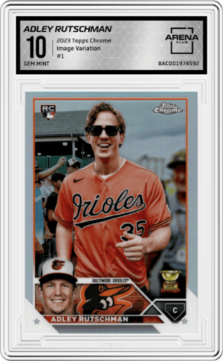 Adley Rutschman from the 2023 Topps Chrome set graded by Arena Club and given an overall grade of 10.