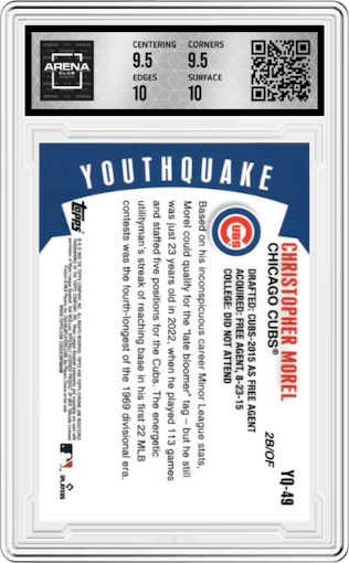 Christopher Morel from the 2023 Topps Chrome set featuring a Green Refractor parallel graded by Arena Club and given an overall grade of 10.