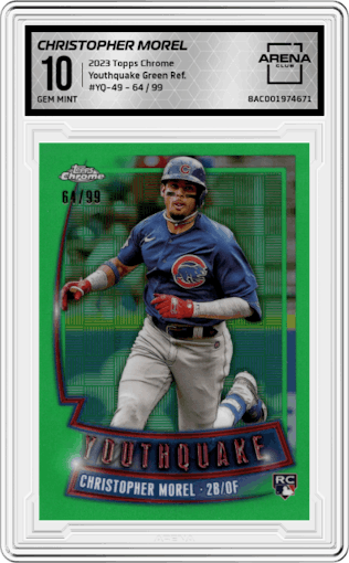 Christopher Morel from the 2023 Topps Chrome set featuring a Green Refractor parallel graded by Arena Club and given an overall grade of 10.