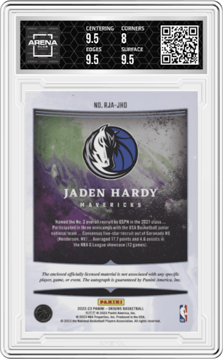 Jaden Hardy  from the 2022-23 Panini Origins set featuring a Blue parallel graded by Arena Club and given an overall grade of 8.5.