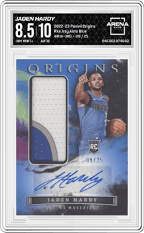 Jaden Hardy  from the 2022-23 Panini Origins set featuring a Blue parallel graded by Arena Club and given an overall grade of 8.5.