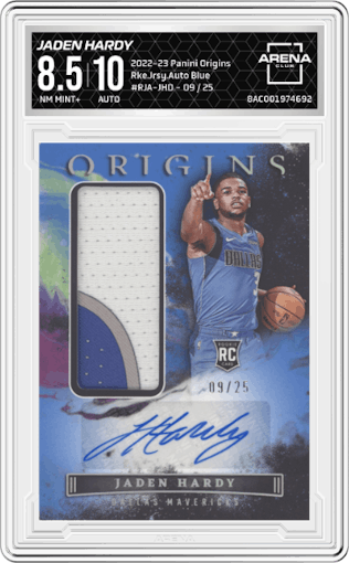 Jaden Hardy  from the 2022-23 Panini Origins set featuring a Blue parallel graded by Arena Club and given an overall grade of 8.5.