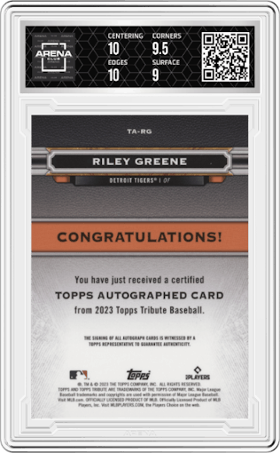Riley Greene from the 2023 Topps Tribute set featuring a Gold parallel graded by Arena Club and given an overall grade of 9.5.