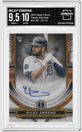 Riley Greene from the 2023 Topps Tribute set featuring a Gold parallel graded by Arena Club and given an overall grade of 9.5.