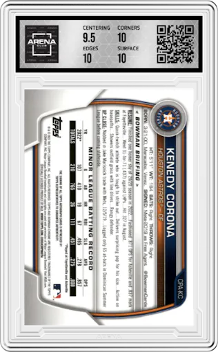 Kenedy Corona from the 2023 Bowman Chrome set featuring a Gold Refractor parallel graded by Arena Club and given an overall grade of 10.